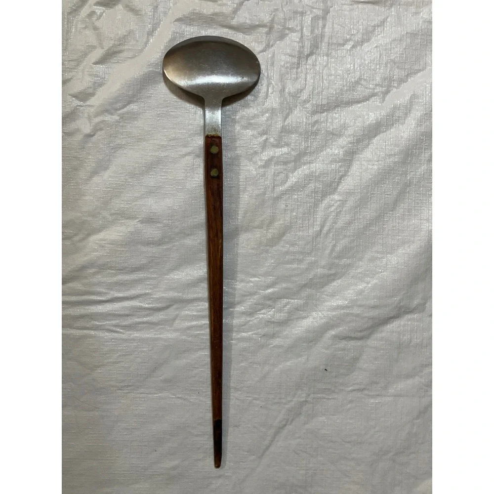 Vintage Stainless Steel Cooking Spoon Long Wooden Handle Kitchen Utensil